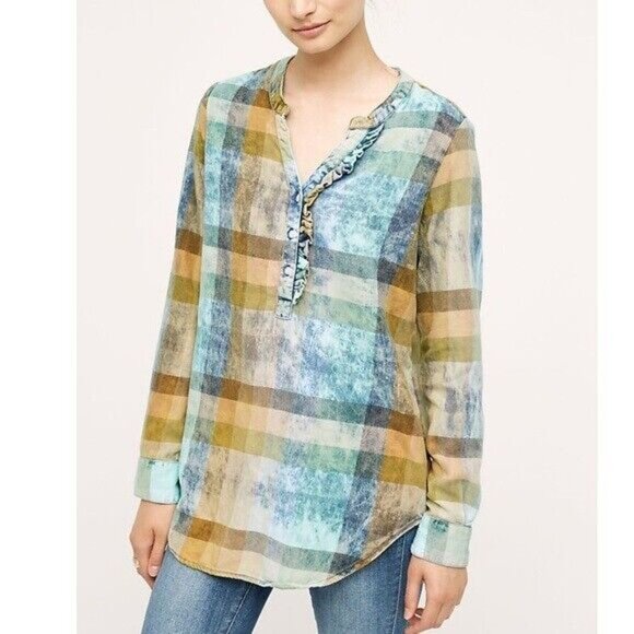 Anthropologie Isabella Sinclair Ruffled Plaid Henley Tunic Size Medium - Picture 4 of 6